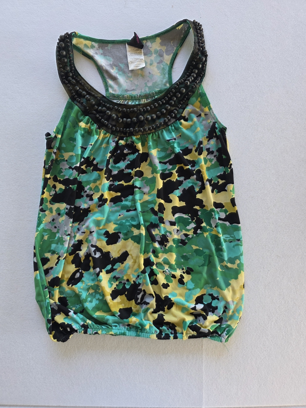 Wrapper Green Yellow Black Patterned Beaded Racerback Tank